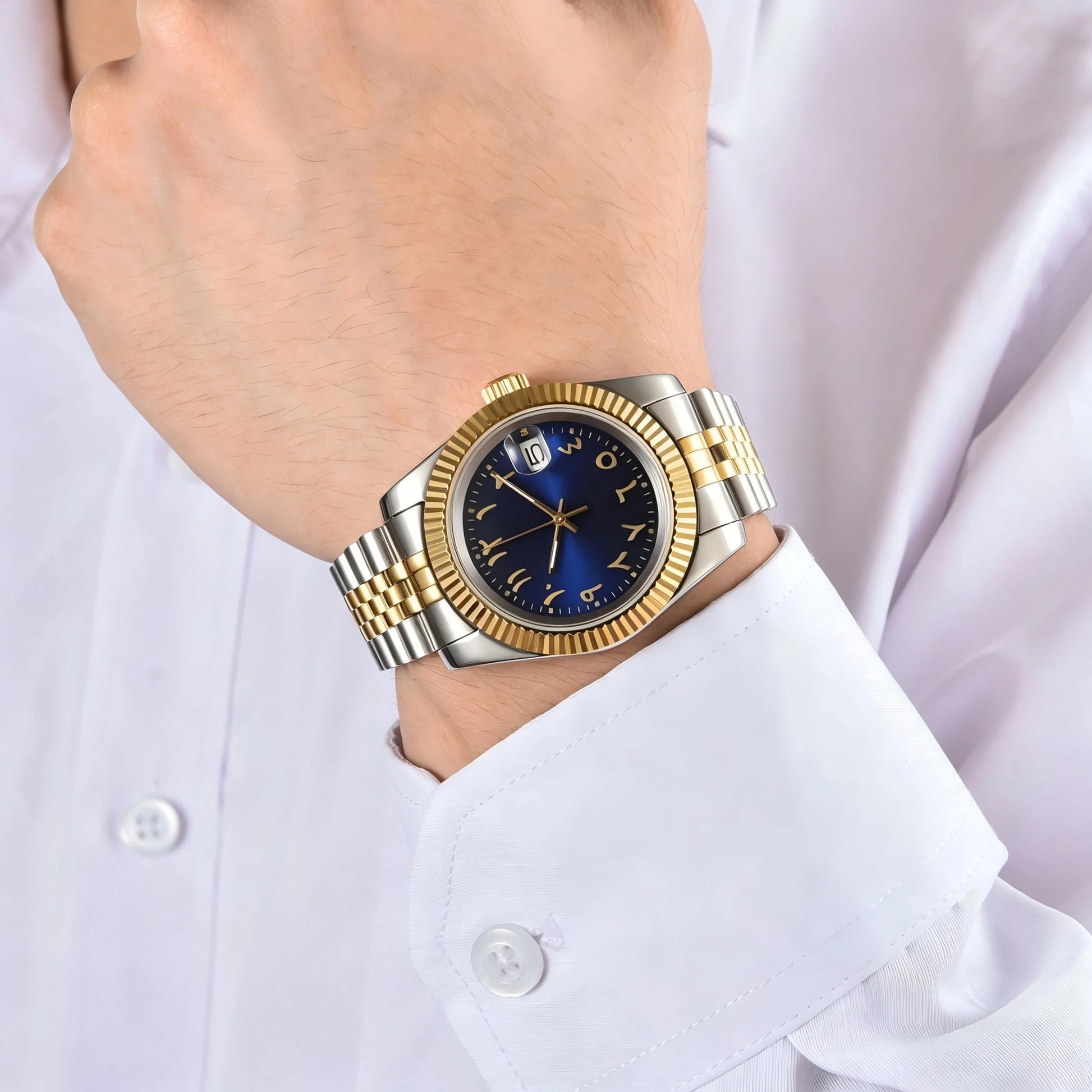 Wrist shot of custom Seiko nh35 datejust mod watch with sapphire crystal and Arabic deep blue dial