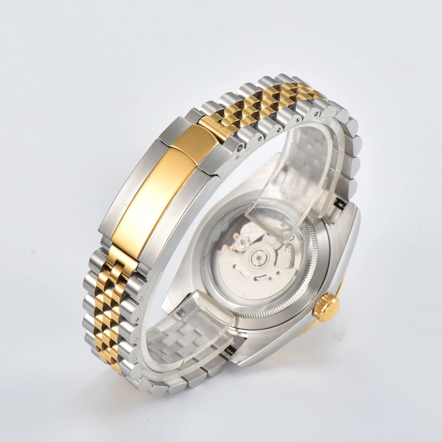 Close-up of custom Seiko mod watch solid stainless steel Two-Tone bracelet with safety folding clasp and micro-adjustment
