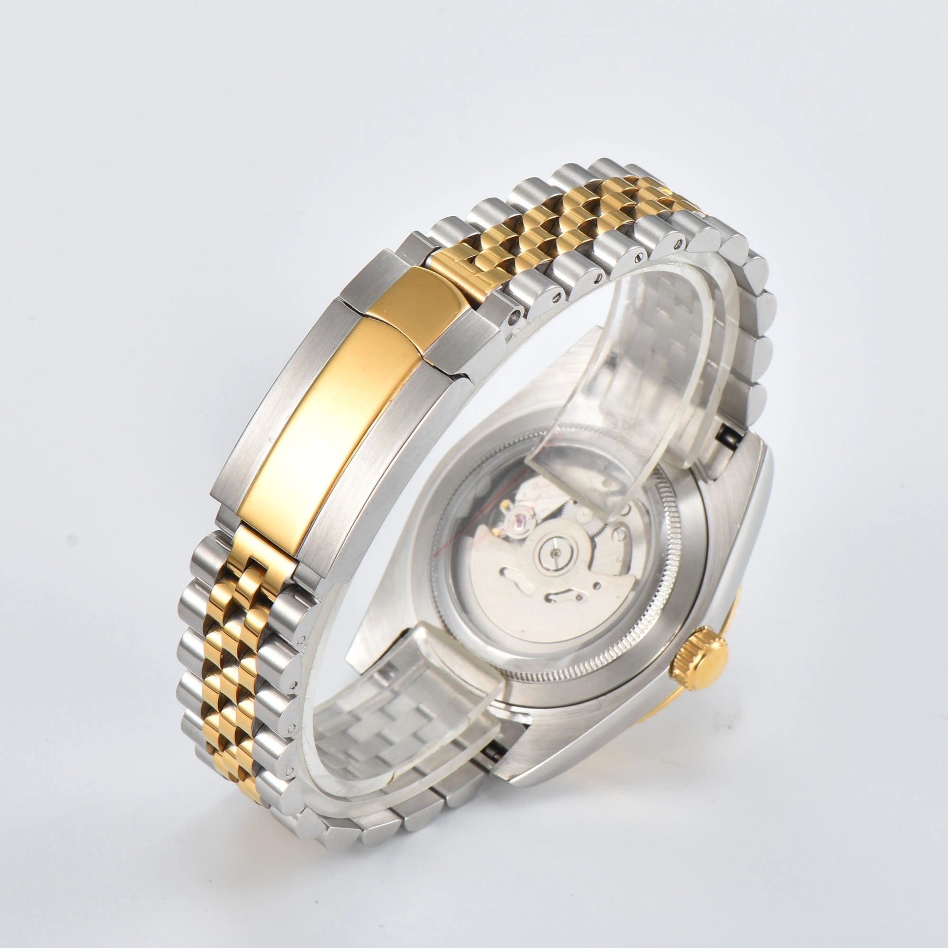 Close-up of custom Seiko mod watch solid stainless steel Two-Tone bracelet with safety folding clasp and micro-adjustment