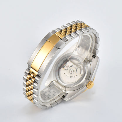 Close-up of custom Seiko mod watch solid stainless steel Two-Tone bracelet with safety folding clasp and micro-adjustment