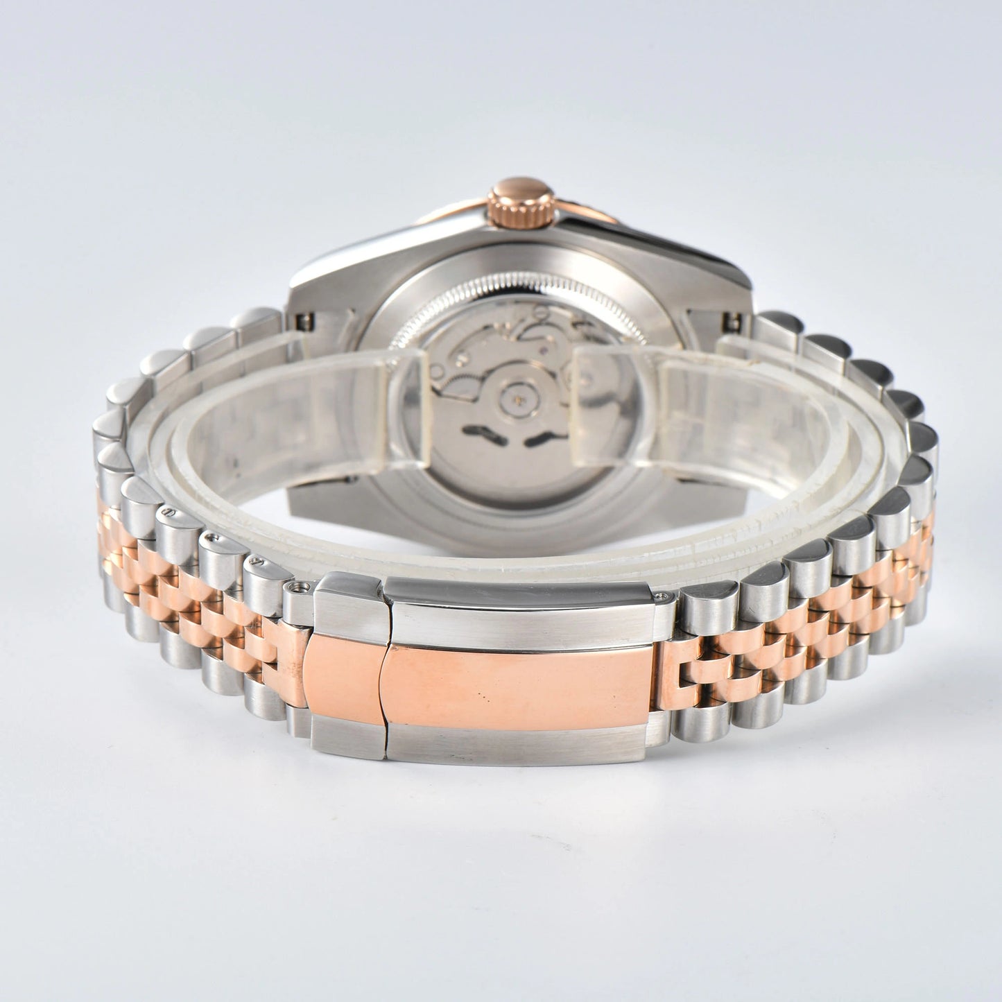 Close-up of custom Seiko mod watch solid stainless steel bracelet with safety folding clasp and micro-adjustment