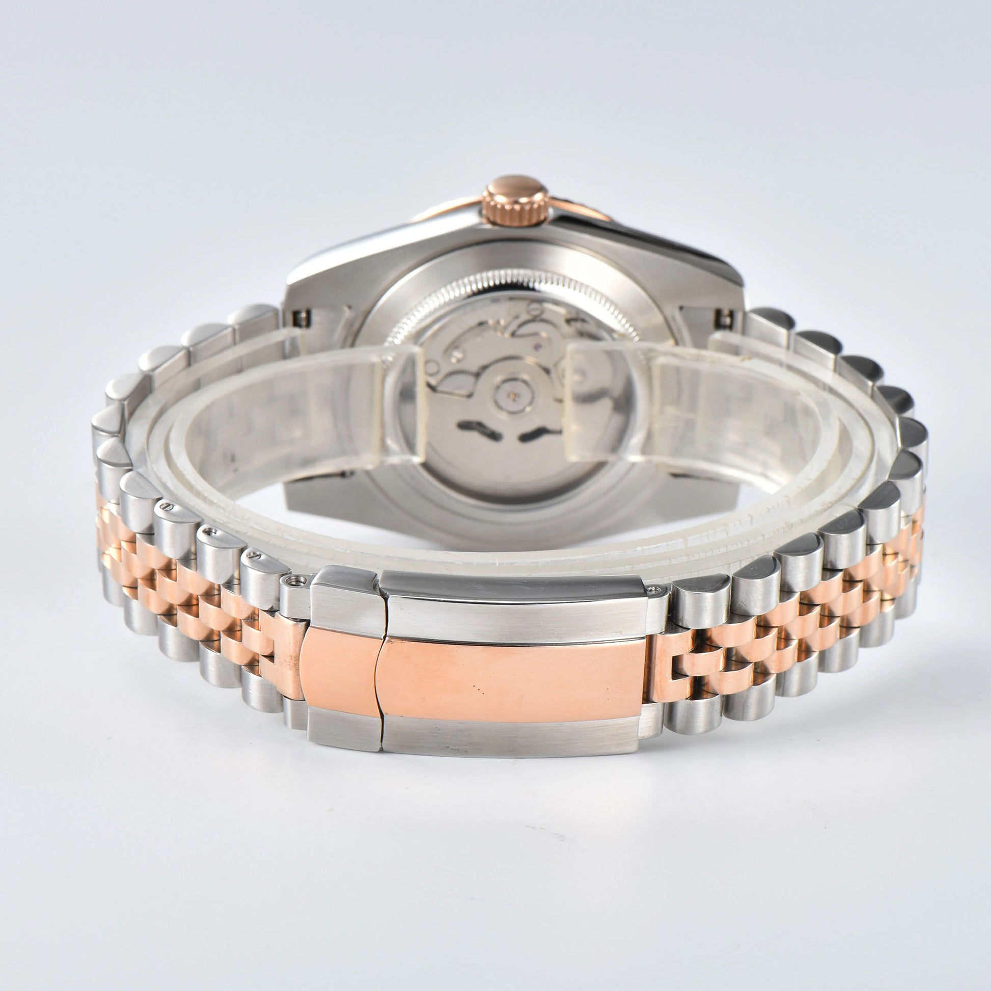 Close-up of custom Seiko mod watch solid stainless steel bracelet with safety folding clasp and micro-adjustment