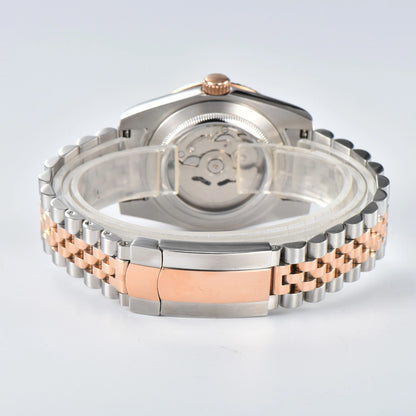 Close-up of custom Seiko mod watch solid stainless steel bracelet with safety folding clasp and micro-adjustment