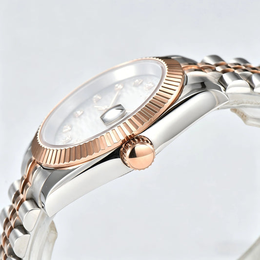 Side view of Seiko modified datejust watch showing signed screw-down crown and sapphire crystal Two-Tone rose gold case