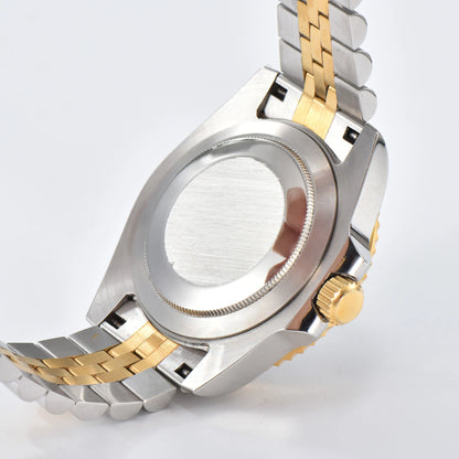 Custom Seiko mod watch with close caseback showing Two-Tone gold  316L stainless steel case