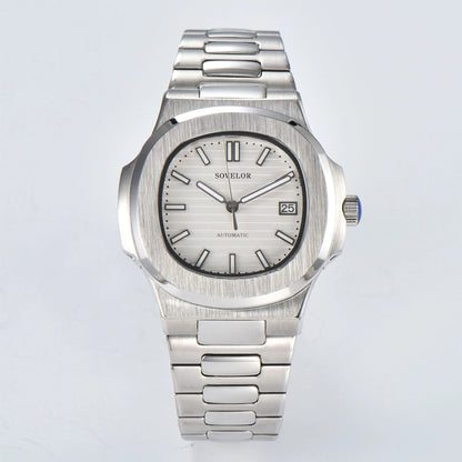 Custom Nautilus style Seiko mod watch, classic white dial with stainless steel bracelet, NH35 automatic movement