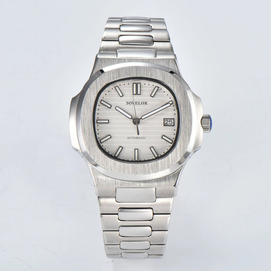 Custom Nautilus style Seiko mod watch, classic white dial with stainless steel bracelet, NH35 automatic movement
